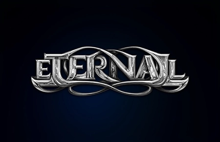 arte metalizada do nome eternall, em tons metálicos de cinza, sobre um fundo azul escuro em degradê radial
