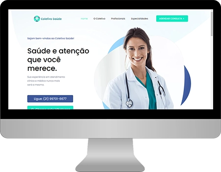 mockup com a tela inicial do site desktop da coletivo saúde, com uma médica em destaque, com jaleco branco sobre uma roupa hospitalar azul, dentro de um monitor da apple, em um fundo cinza