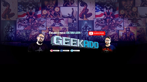 foto de capa do canal geekado, com os apresentadores ao lado da logo, em tons de azul e cinza na palavra geek e em azul no ado, com uma arte no fundo com várias cenas de hqs da marvel, com diversos personagens