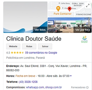 print do perfil do google maps da clínica doutor saúde, com foto de capa, mapa da região, endereço, telefone e horário de atendimento