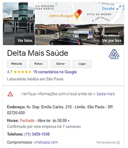 print do perfil do google maps da delta mais saúde, com foto de capa com um prédio espelhado, mapa da região, endereço, telefone e horário de atendimento