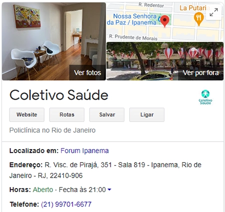 print do perfil do google maps da coletivo saúde, com foto de capa, mapa da região, endereço, telefone e horário de atendimento