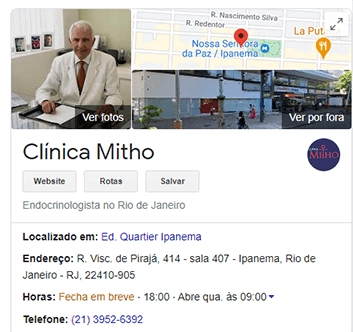 print do perfil do google maps da clínica mitho, com foto do médico, mapa da região, endereço, telefone e horário de atendimento