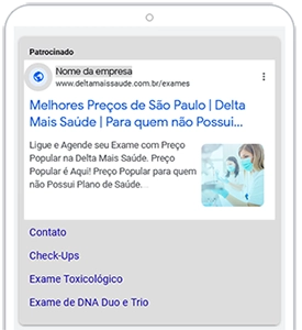 print do anúncio do google da delta mais saúde, com informações da clínica, da localização, o telefone, dentro de uma arte simulando um celular branco