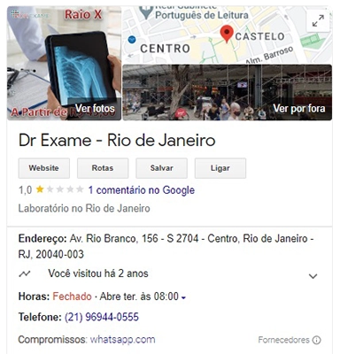 print do perfil do google maps da dr exame, com foto de capa com um prédio espelhado, mapa da região, endereço, telefone e horário de atendimento
