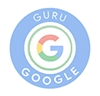 arte em forma de selo com a logo do Google, com um G com as cores vermelho, amarelo, verde e azul, em um círculo branco, com um círculo maior em azul, por fora, com guru em branco, no topo e google, em branco, na base