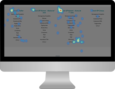 print de um mapa de calor do site da clínica doutor saúde, com pontos coloridos representando onde os usuários clicam com maior frequência, dentro de um monitor cinza
