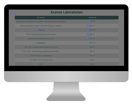 print da tela do site institucional da dr exame, com uma tabela de preços com os exames em verde, sobre linhas alternando branco e cinza, dentro de um monitor desktop cinza