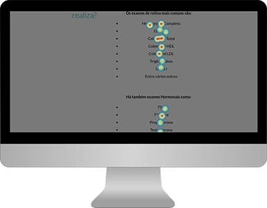 print de um mapa de calor do site da clínica doutor saúde, com pontos coloridos representando onde os usuários clicam com maior frequência, dentro de um monitor cinza