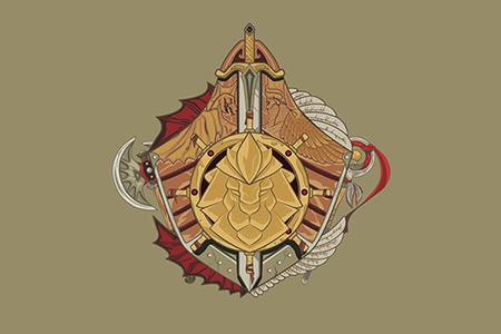 arte de um escudo de madeira, marrom, com um símbolo de um leão, amarelo, e uma espada na vertical
