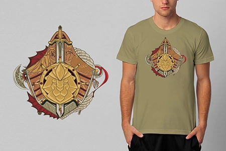 um homem com uma camisa caque, com uma arte de um escudo de madeira, marrom, com um símbolo de um leão, amarelo, e uma espada na vertical