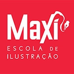 arte com texto em branco, com o x de maxi simbolizando a tinta que sai da ponta de uma caneta, escola de ilustração em branco, sobre um fundo vermelho