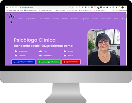 print da tela inicial do site da psicóloga rosana laiza, na cor roxa, com uma foto no canto esquerdo com ela sorrindo, dentro de um monitor