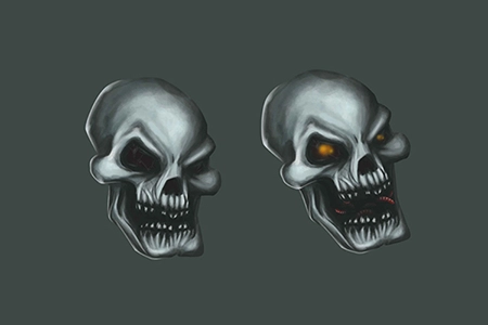 desenho de 2 crânios de caveira, em cinza, um deles com olhos acesso na cor do fogo, sobre um fundo cinza azulado