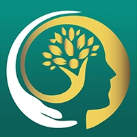 um perfil dentro de um círculo dourado, com uma flor nascendo dentro da cabeça, e uma mão envolvendo o perfil humano, em branco, sobre um fundo verde